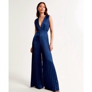 Abercrombie & Fitch Navy Blue Pleated Plisse Wide Leg Jumpsuit L Wedding Guest